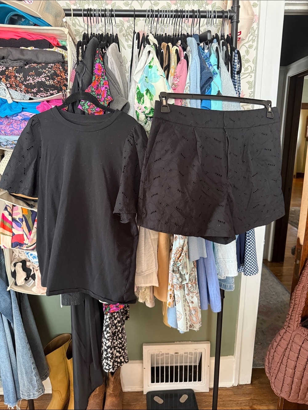 a new day Black Eyelet Short Sleeve Top and Shorts Set